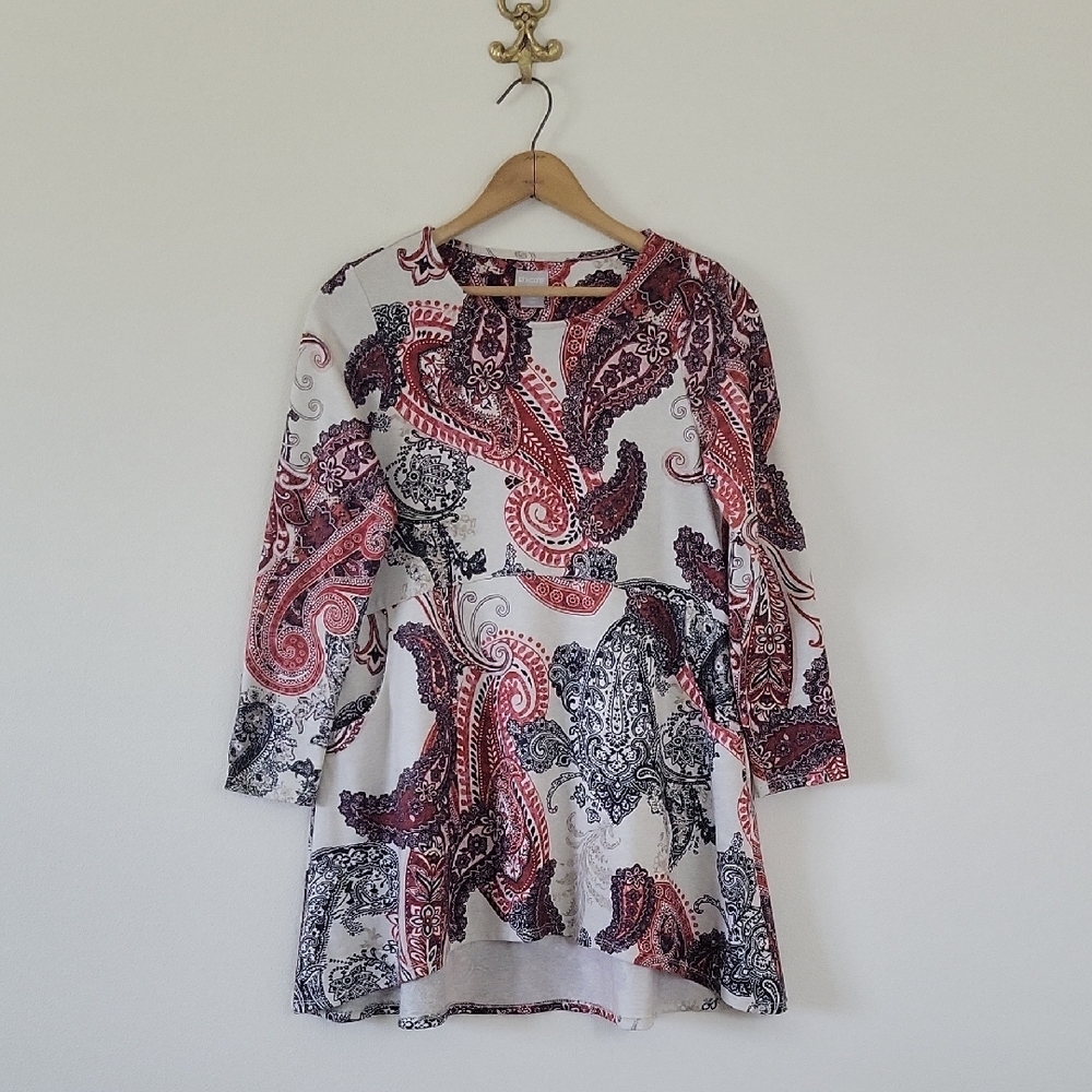 Chico's Brown Tan Paisley Knit 3/4 Sleeve Tunic Size Small‎